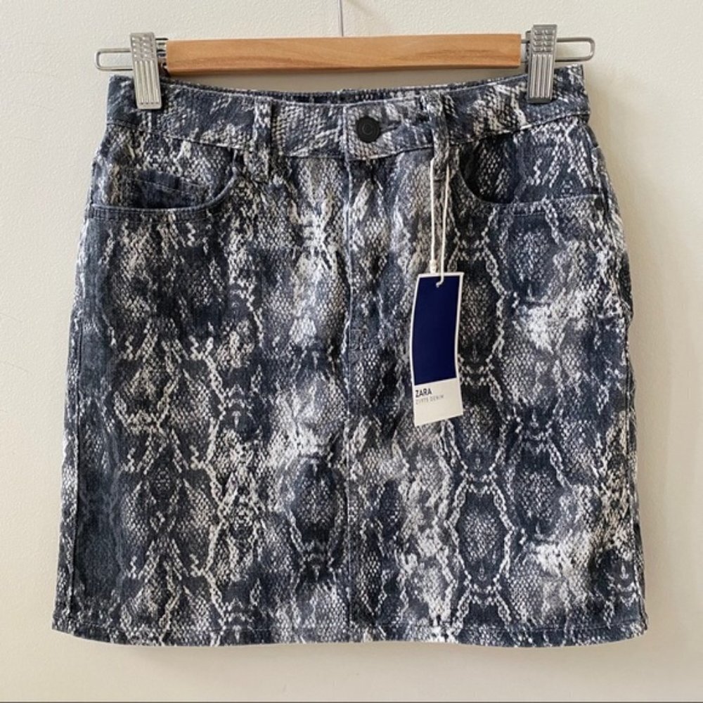 Zara Z1975 Denim Skirt Grey Snakeskin Size XS NWT